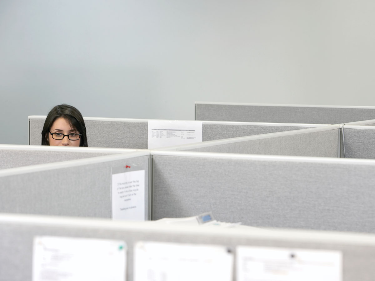 A young businesswoman sitting in a cubicle