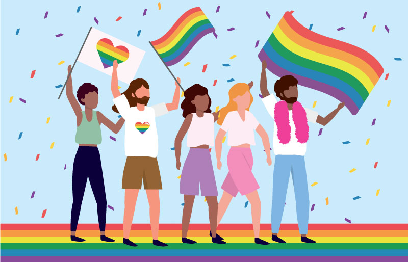 Illustration of five people waving pride flags.