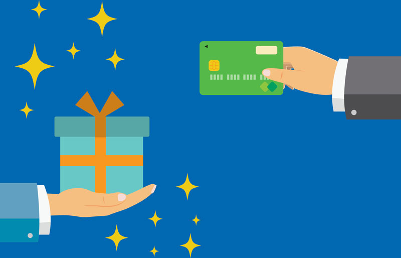 Illustration of hands holding a gift and a credit card.